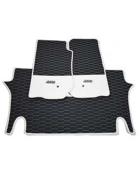 Πατάκια Aυτοκινήτου για Jeep Wrangler Jk 2006-2018 από τεχνόδερμα άριστης ποιότητας με σχέδιο κυψέλη μακρυά,μονόχρωμη φάσα λευκή και λογότυπο.