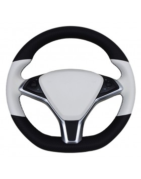 Δερμάτινη επένδυση τιμονιού για Tesla X σε συνδυασμό άσπρου και μαύρου δέρματος με μαύρες ραφές
