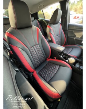 Δερμάτινη ταπετσαρία αυτοκινήτου σε toyota CHR από δέρμα άριστης ποιότητας με σχέδιο στο κέντρο με κόκκινες και μαύρες αποχρώσεις