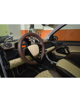 Tαπετσαρία Αυτοκινήτου για Smart 451 από δέρμα ivory και καφέ σε σχέδιο δίγαζο ρόμβο