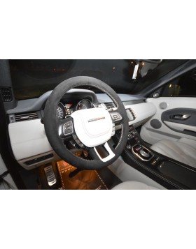 Ντύσιμο τιμονιού αυτοκινήτου για Range Rover Sport με αυθεντική alcantara, λευκές ραφές και άσπρο λευκό δέρμα στον αερόσακο.