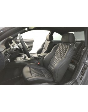 Ταπετσαρία Αυτοκινήτου σε BMW M3 με δέρμα άριστης ποιότητας μαύρο σε συνδυασμό με σχέδιο ρόμβους, ραφές ανθρακί και κάποια στοιχεία alcantara.