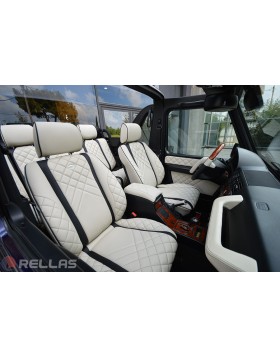 Ταπετσαρίες Αυτοκινήτου σε Mercedes G CLASS 500 Cabrio με δέρμα κορυφαίας ποιότητας σε απόχρωση ivory με λεπτομέρειες μαύρες και σχέδιο ρόμβος με κενά.