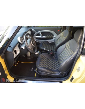 Ταπετσαρία Αυτοκινήτου σε MINI COOPER R56 με δέρμα μαύρο άριστης ποιότητας και σχέδιο δίγαζος ρόμβος με κίτρινες ραφές