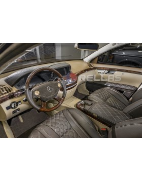 Ταπετσαρίες Αυτοκινήτου σε Mercedes S Class με δέρμα άριστης ποιότητας σε χρώμα καφέ σε συνδυασμό με γνήσια alcantara καφέ σε σχέδιο ρόμβος  και τρυπητό δέρμα