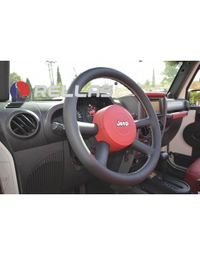Ντύσιμο τιμονιού για Jeep Wrangler με δέρμα άριστης ποιότητας γκρί χρώματος ,ανοιχτή ραφή και μπορντό αερόσακο.