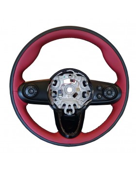 Ντύσιμο τιμόνιου αυτοκινήτου σε MINI COOPER F56 2014-pr με δέρμα άριστης ποιότητας μπορντό-μαύρο,μαύρες ραφές και την πολυετή εμπειρία μας.